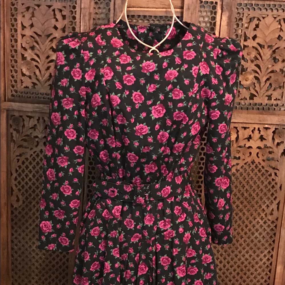 Vintage 1980s Belt Dress Red Pink Rose